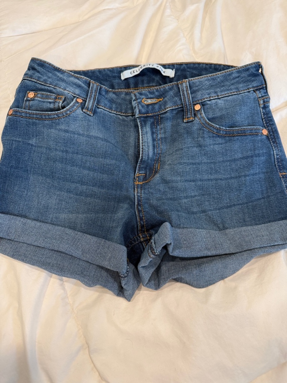 Celebrity Pink Mid-Rise Dark Blue Denim Cuffed Shorts